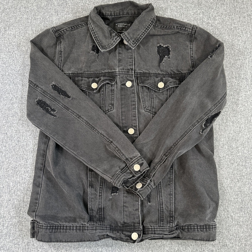 Streetwear Society Distressed Denim Jacket Womens Small Black Trucker‎ Grunge